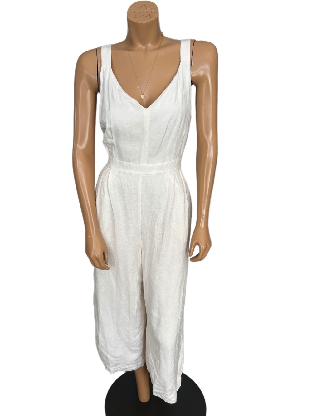 LOFT White Sleeveless Cotton and Linen  V-Neck Wide-Leg Jumpsuit